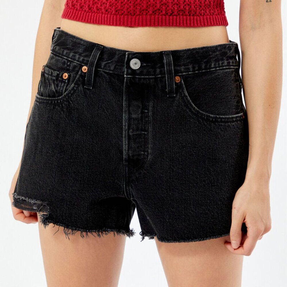 Levi's 501 Jean Shorts Women's 27 Black Distressed Cut Off Button Fly Denim